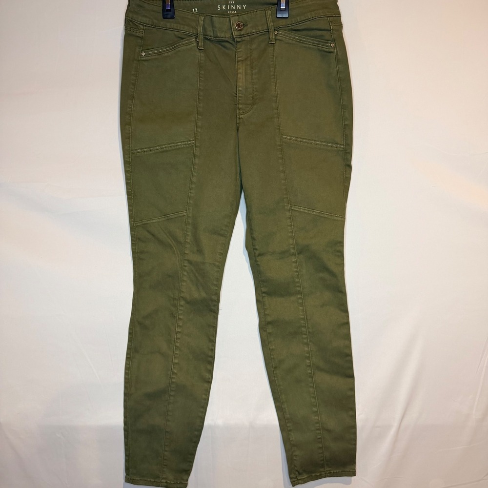 White House Black Market Olive Green Skinny Ankle Utility Seam Pants Sz 12
